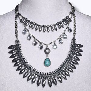 🟢Vintage Silver-Tone Tiered Layer Teardrop Turquoise Pendant Statement Necklace